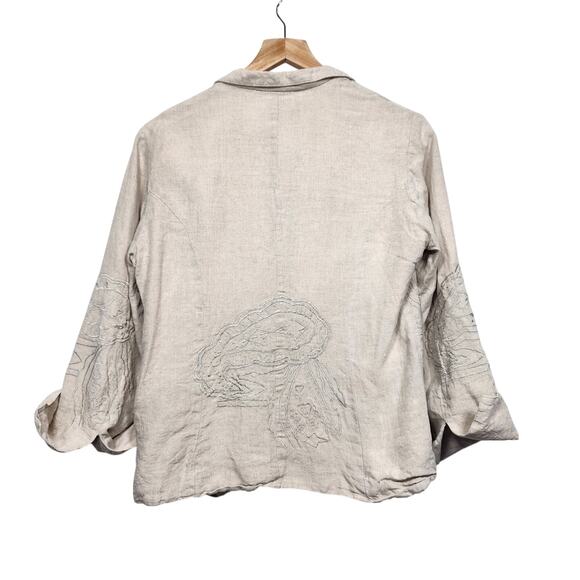 Women's Beige Embroidered Anu 100% Linen Open Front Blazer Sz Small - Picture 3 of 7